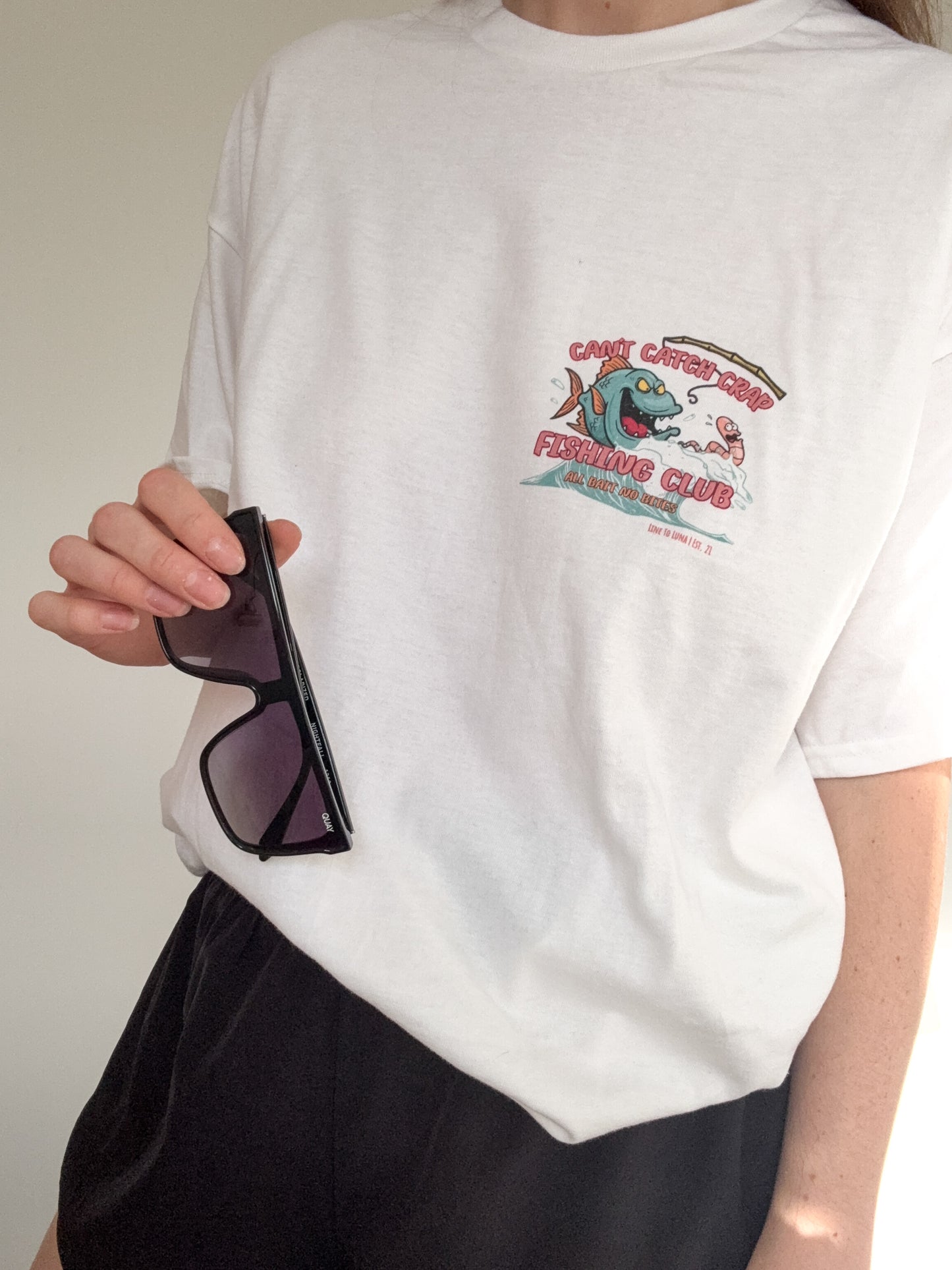 Can't Catch Crap Fishing Club | White Graphic T-Shirt